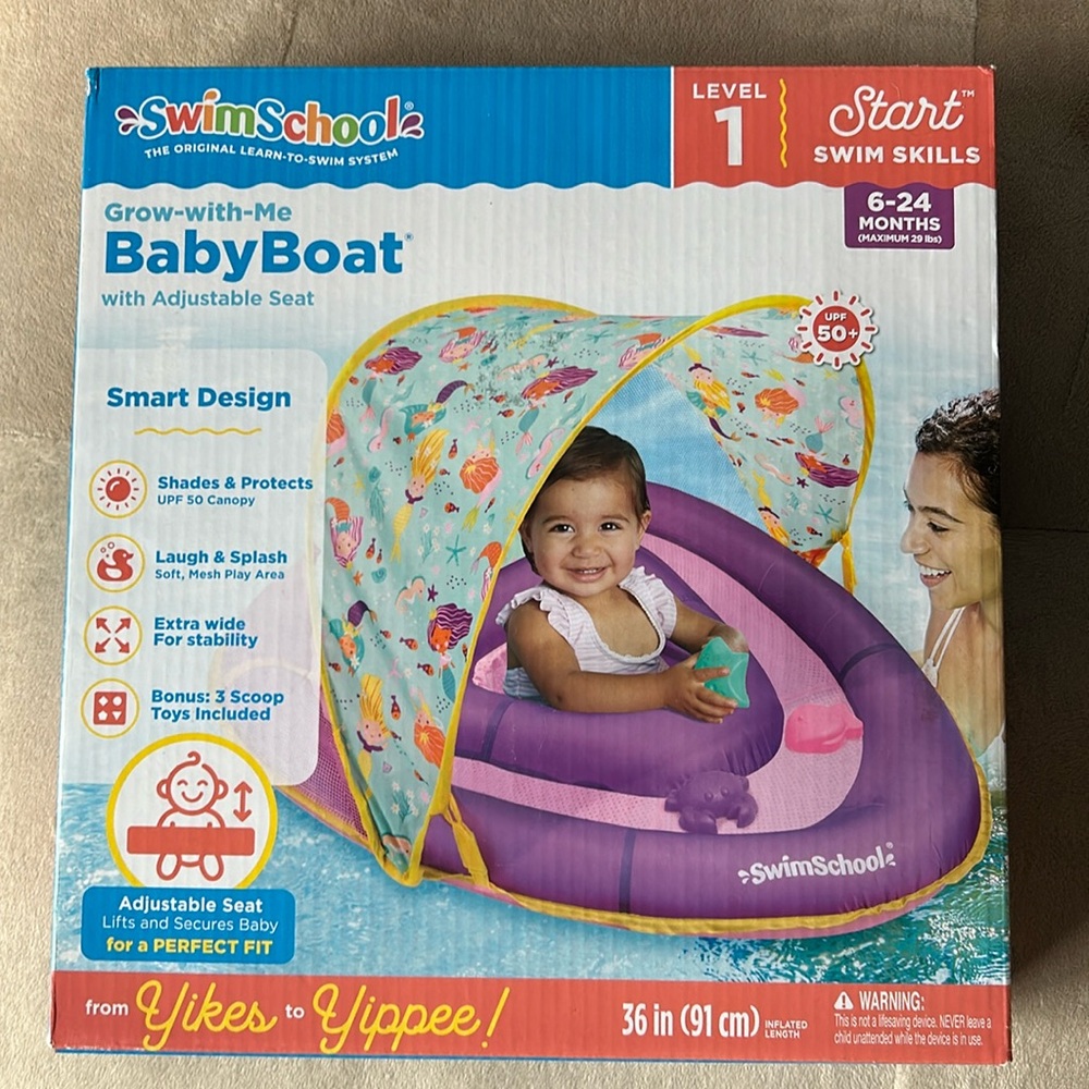 NWT SwimSchool Inflatable Baby Boat w/ Adjustable Seat. Purple. Level 1. 6-24 mo